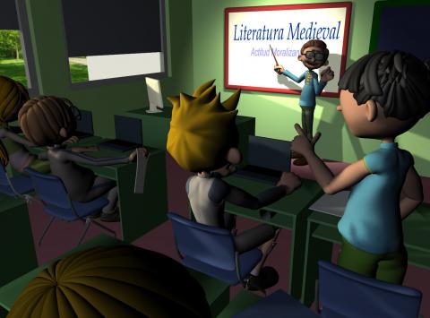 ilustracion Explicando literatura medieval en clase