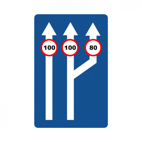 ilustracion Paso de dos a tres carriles de circulación con especificación de la velocidad máxima en cada uno de ellos