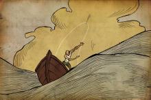 ilustracion El viejo y el mar: El viejo tira con fuerza del sedal