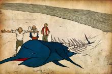 ilustracion El viejo y el mar: Los marineros asombrados ante el tamaño del pez