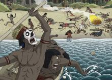 ilustracion Robinson Crusoe: Atacan a los salvajes