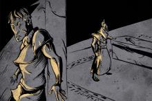 ilustracion Hamlet: Rey ante el sepulcro mientras Hamlet lo espía