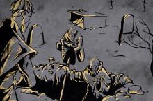 ilustracion Hamlet: Hamlet y Horacio hablando con los sepultureros