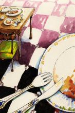 ilustracion Los viajes de Gulliver: Gulliver come en la mesa Real